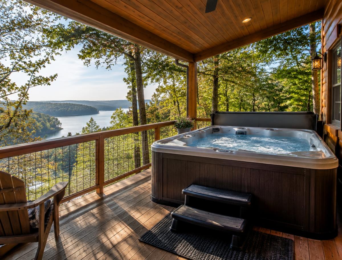 A clean, guest-ready hot tub at an Ozarks cabin