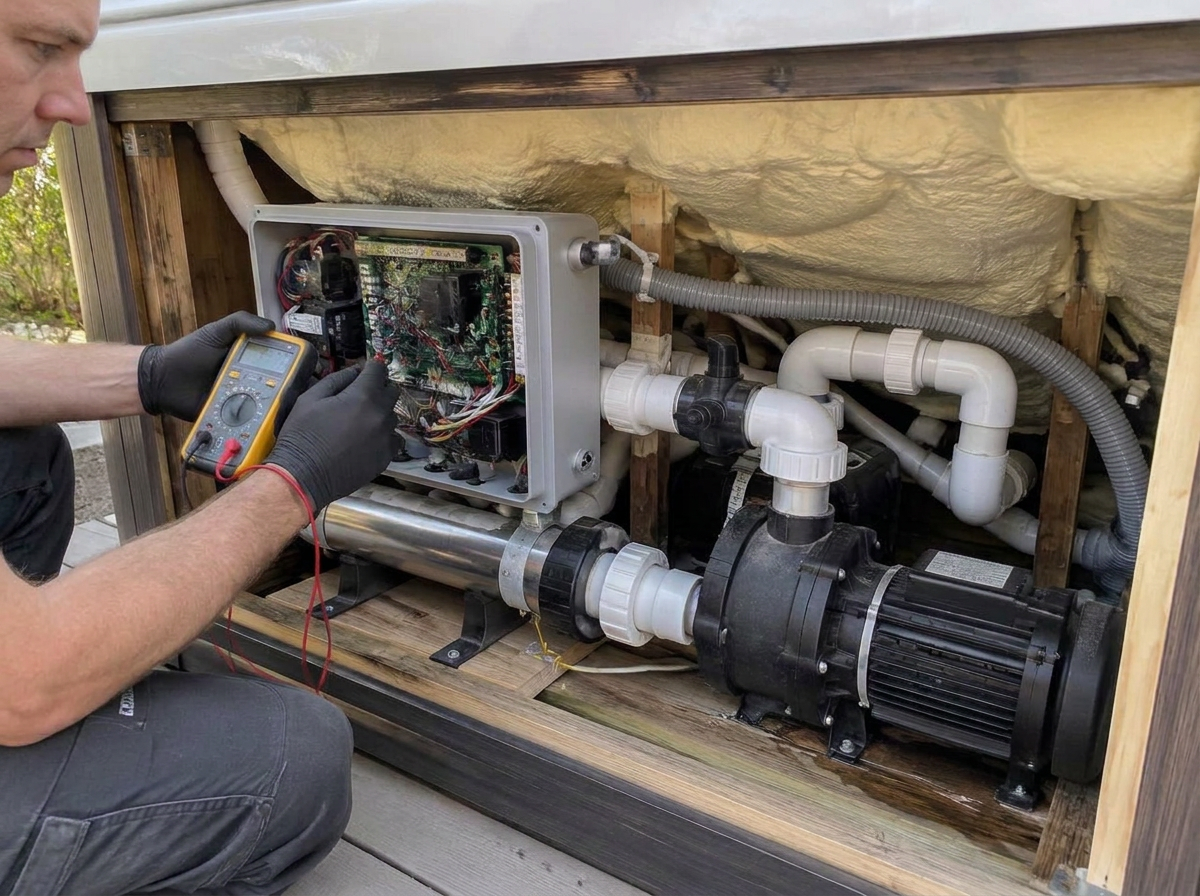 Pool equipment being professionally inspected and repaired